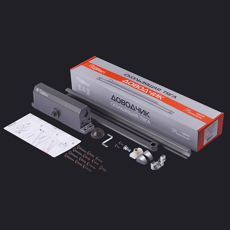 Комплектация и упаковка Доводчик дверной со скользящей тягой 4S Slider от 70 до 110 кг цвет Графит Нора-М
